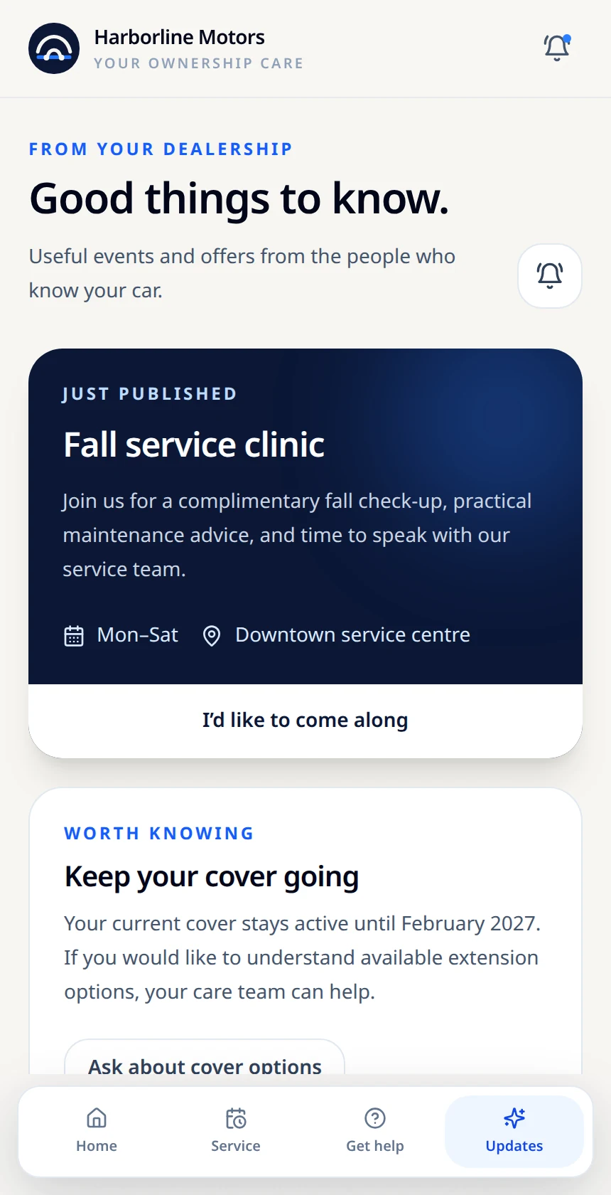 Fictional owner Updates screen showing the same Fall service clinic notice, framed just above bottom navigation